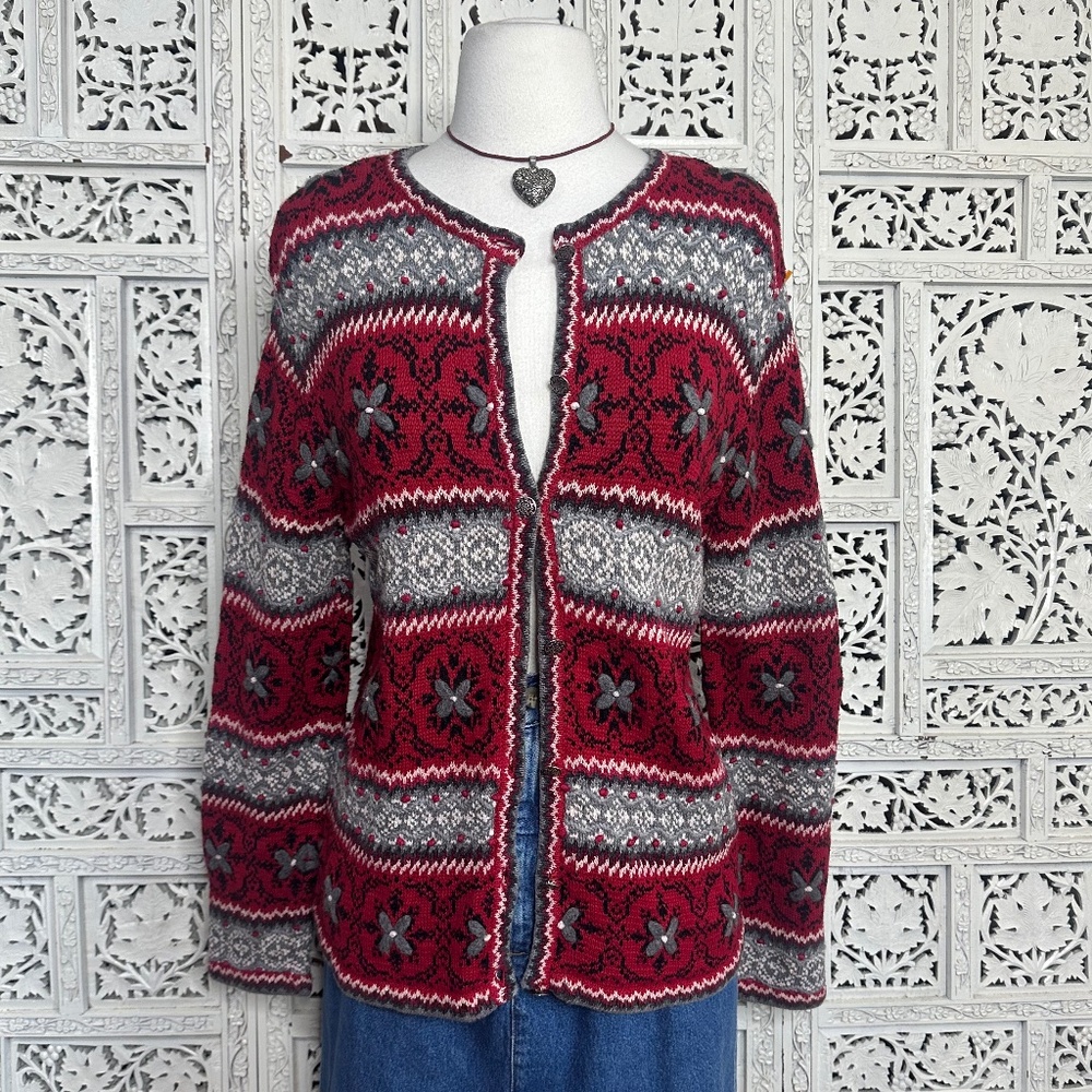 Vintage Talbots Fair Isle Floral Embroidered‎ Silk Blend Button Up Cardigan Sz M